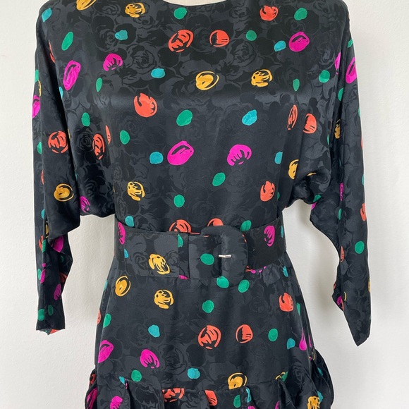 Vintage 80s Maggie London 100% Silk Drop Waist Print Size Small Dress - Picture 4 of 8